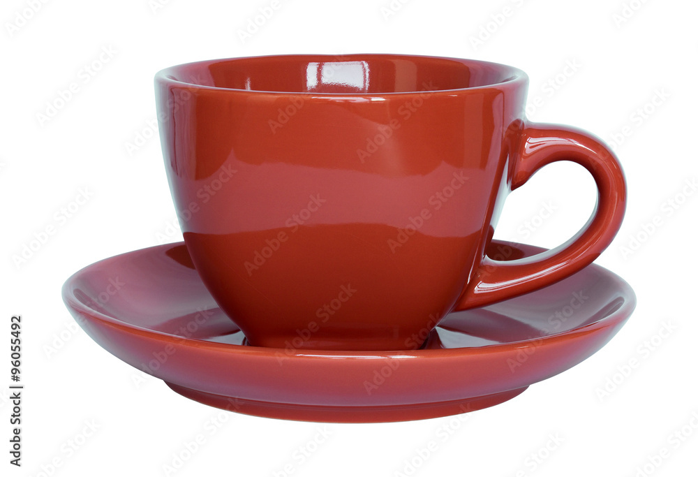 empty red cup and saucer isolated on white with clipping path empty red cup and saucer isolated on white with clipping path