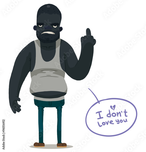 Vector cartoon image of a bald angry black man in blue jeans and white tank top showing a middle finger on his hand on a white background.  Anti valentine.