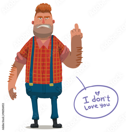 Vector cartoon image of angry fat man with red hair in a blue overalls and a red plaid shirt showing a middle finger on his hand on a white background. Anti valentine.