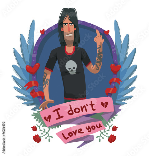 Vector card with violet-blue oval frame with a light blue wings, red ribbons,roses, signs of heart and pink banner with cartoon image of angry man in black T-shirt on light background. Anti valentine.