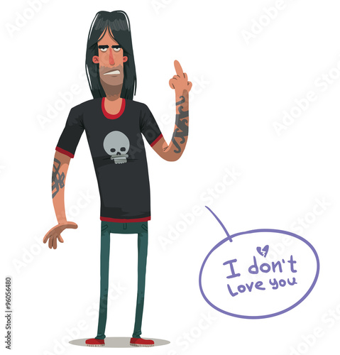 Vector cartoon image of angry man with tattoos with long black hair wearing  blue jeans and a black T-shirt with white skull showing a middle finger on  his hand on a white