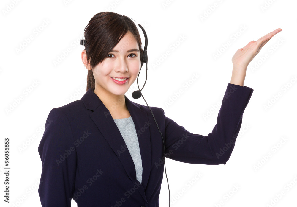 Customer services operator with open hand palm Customer services operator with open hand palm