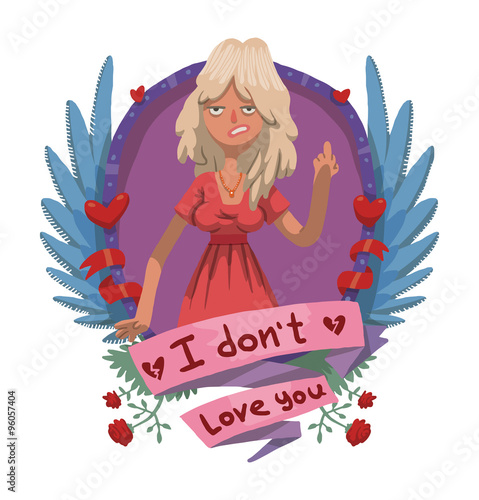 Vector card with violet-blue oval frame with light blue wings, red ribbons, roses, signs of heart and pink banner with cartoon image of angry woman in pink dress on light background. Anti valentine.