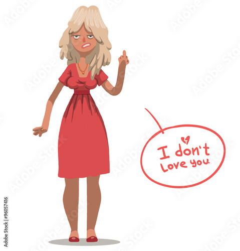 Vector cartoon image of angry woman with blond wavy hair in a pink dress showing a middle finger on her hand on a white background. Anti valentine.