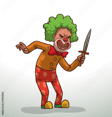 Vector cartoon image of evil clown with green hair, with a red clown nose, in red pants, a yellow jacket and a green-yellow shoes with a knife in his hand on a light background.