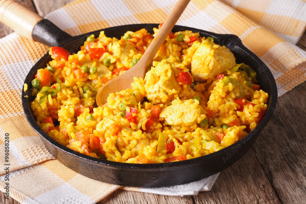 Arroz con pollo - rice with chicken in a frying pan closeup. horizontal
Arroz con pollo - rice with chicken in a frying pan closeup. horizontal