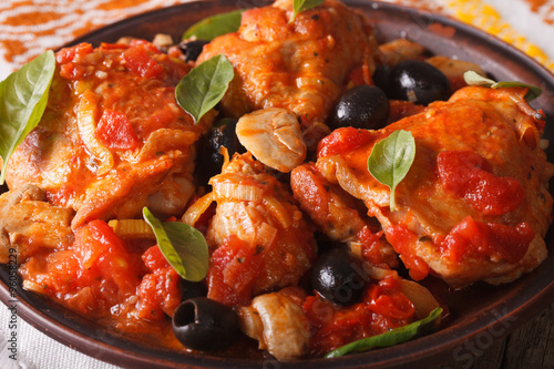 Italian food: Chicken Cacciatori on a plate close-up. horizontal
 photo
