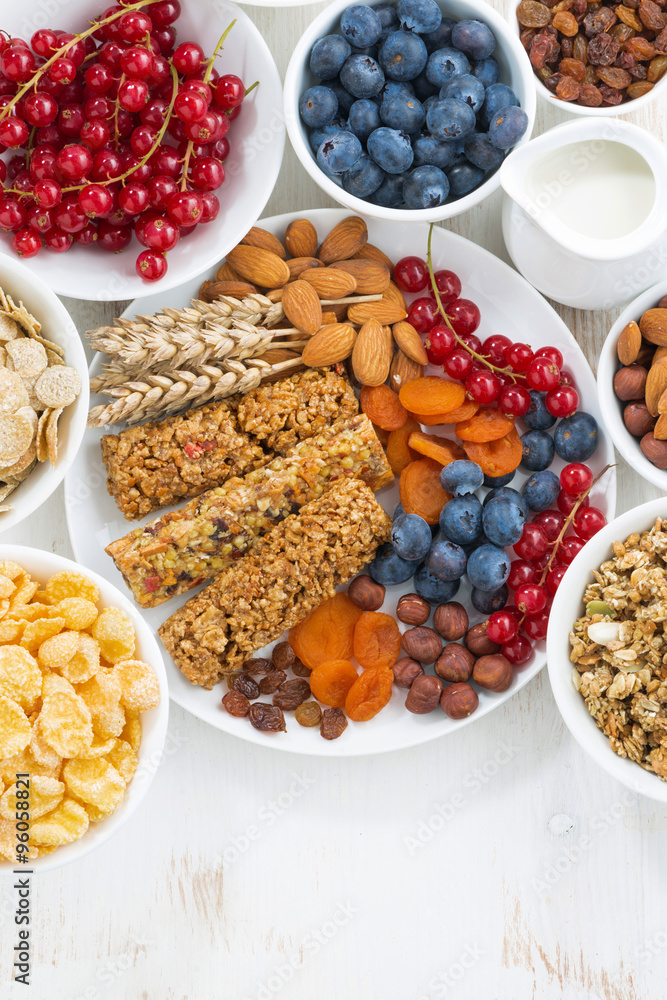 assortment of cereal muesli bars, fresh and dried fruit assortment of cereal muesli bars, fresh and dried fruit