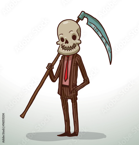 Vector Cute death. Cartoon image of a cute death in a brown striped suit, pink shirt and red tie with a scythe in his hand, is standing on a light background.