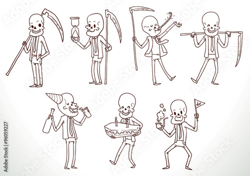 Vector Cute deaths line set. Cartoon line image of cute seven deaths in suits in different poses on a white background.