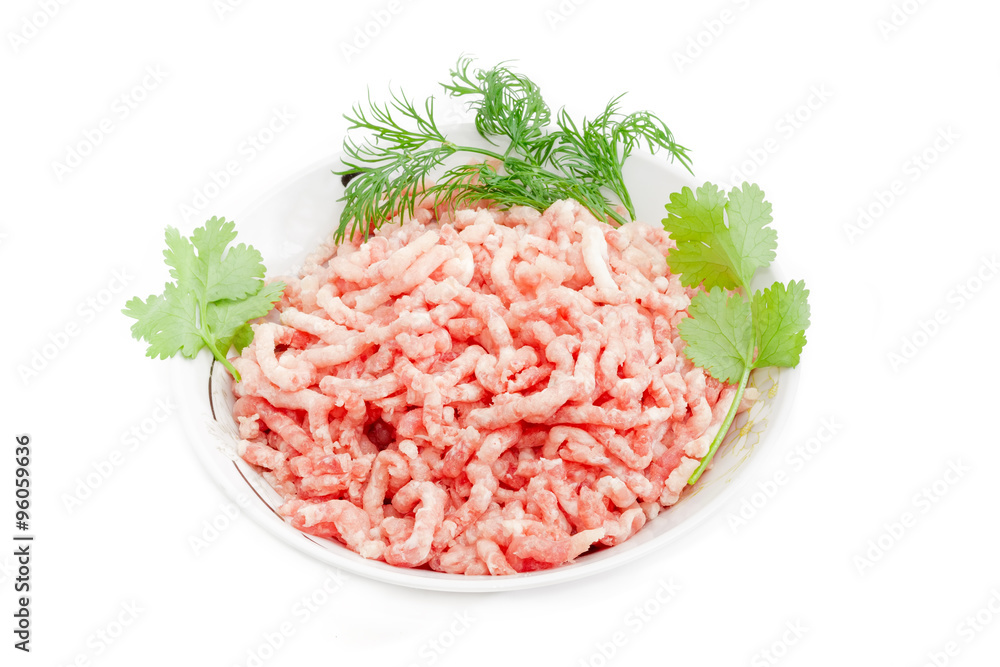 Bowl with ground meat on a light background Bowl with ground meat on a light background
