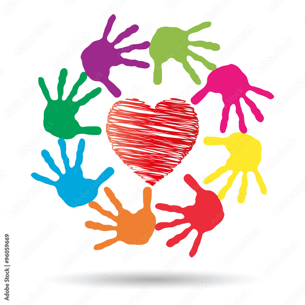 Vector concept circle of hands, red heart love symbol Vector concept circle of hands, red heart love symbol