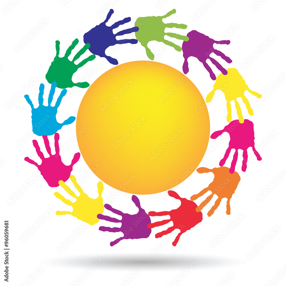 Fototapeta premium Vector concept circle of hands, yellow sun symbol