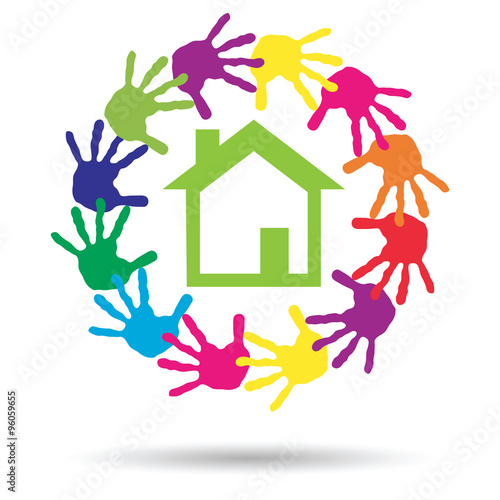 Vector concept circle of hands, green house symbol