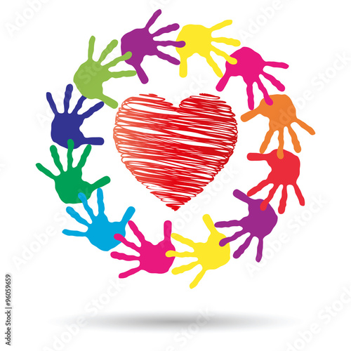 Vector concept circle of hands, red heart love symbol
