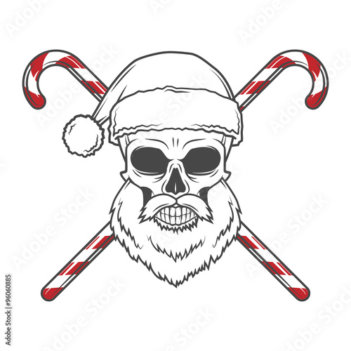 Bearded Skull Santa Claus with candy canes poster. Vintage Christmas old man portrait. Holiday t-shirt illustration