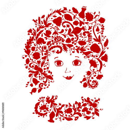 Female face with floral hairstyle for your design