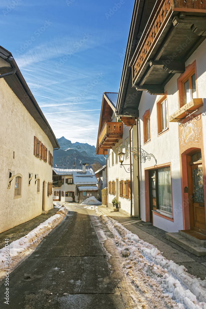 Sunlit narrow street in Garmisch-Partenkirchen