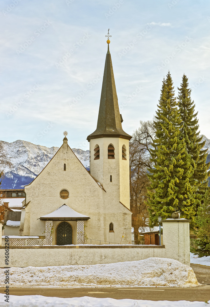 Picturesque old church in Garmisch-Partenkirchen on a clear wint