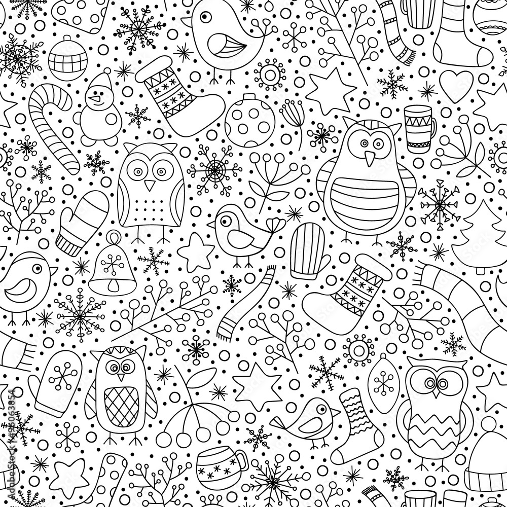 Christmas seamless pattern. Vector hand drawn outline winter elements. Fun doodle background for kids. Snowflake, owl, christmas tree, mittens, socks. On white background.