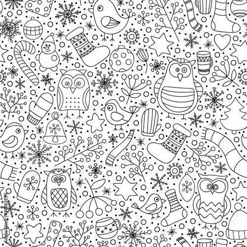 Christmas seamless pattern. Vector hand drawn outline winter elements. Fun doodle background for kids. Snowflake, owl, christmas tree, mittens, socks. On white background.