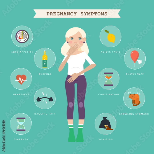 Pregnancy symptoms. Infographic with blond women and symbols.