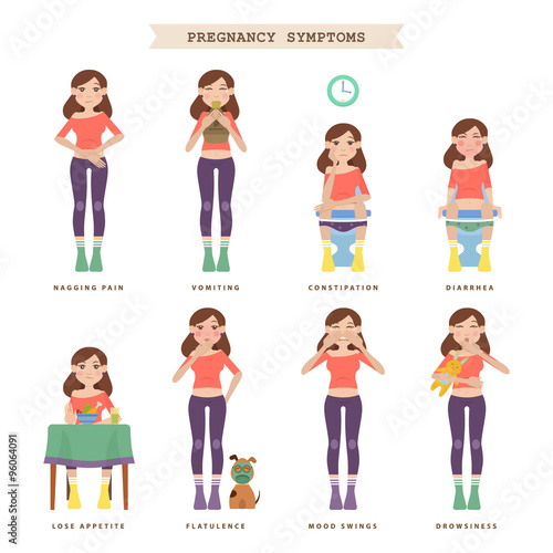 Pregnancy symptoms. Vector illustration about the state of women in the early stages of pregnancy.