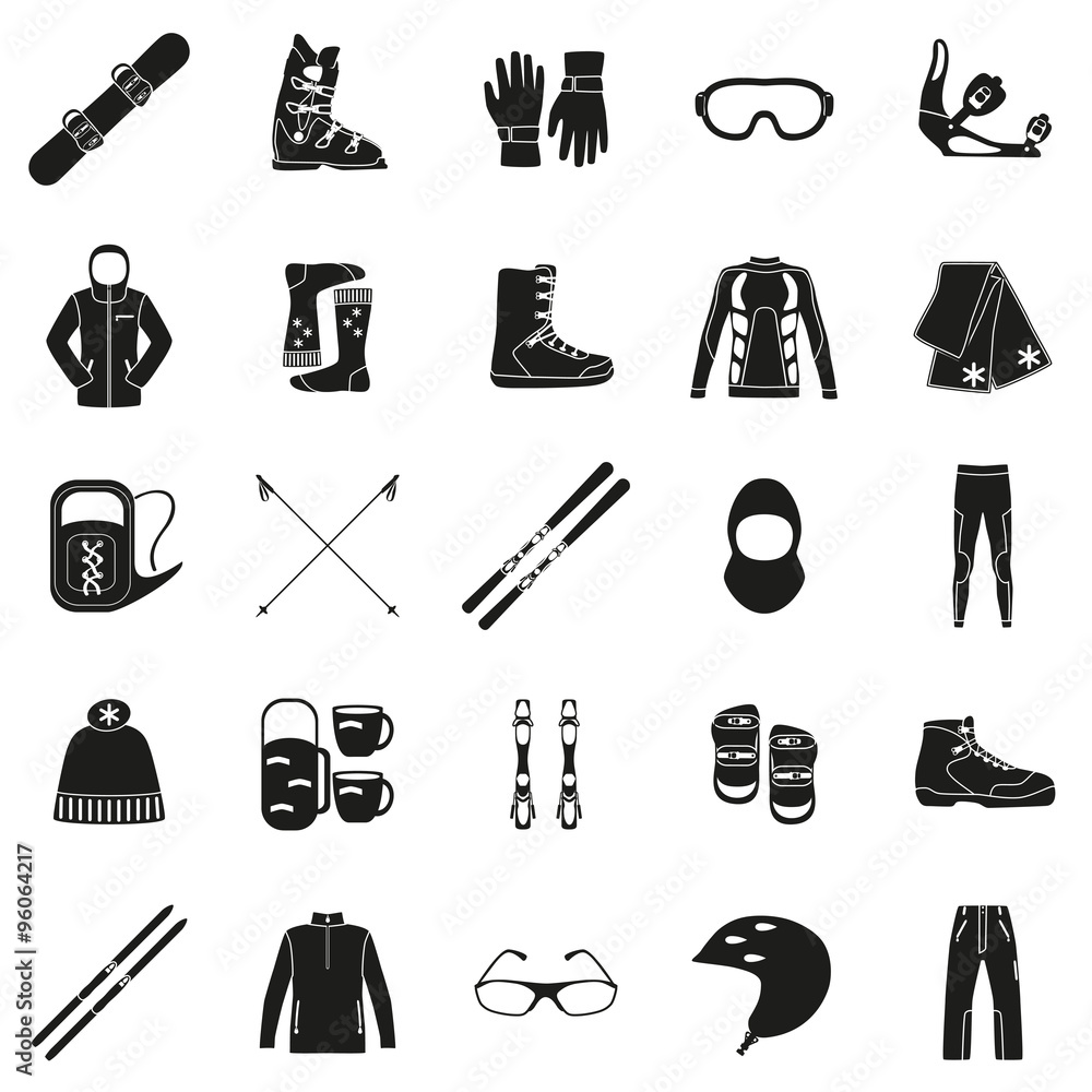 Set of equipment, cloth and shoes for winter kind of sports. Snowbord, mountain skies, cross country skies. Special protection cloth and shoes. Silhouette design. Ski icons series. - obrazy, fototapety, plakaty 