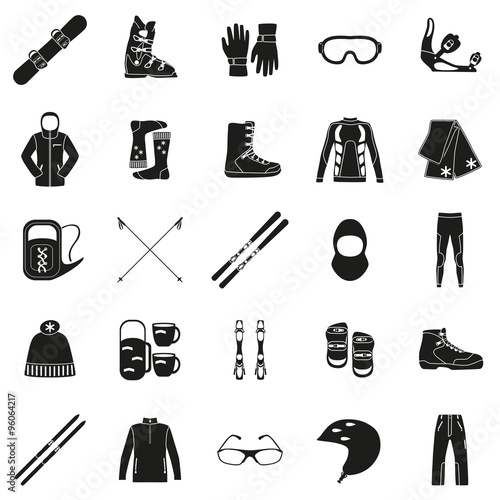 Set of equipment, cloth and shoes for winter kind of sports. Snowbord, mountain skies, cross country skies. Special protection cloth and shoes. Silhouette design. Ski icons series.