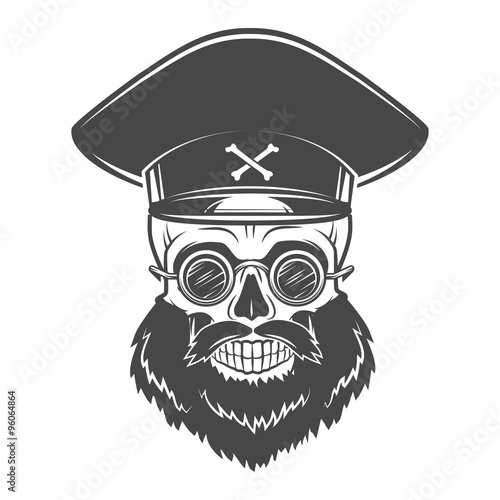 Bearded Skull with Captain cap and goggles. Dead crazy tyrant logo concept. Vector dictator t-shirt illustration