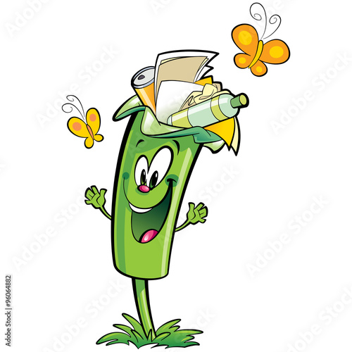 Happy cartoon green trash bin character recycling paper plastic