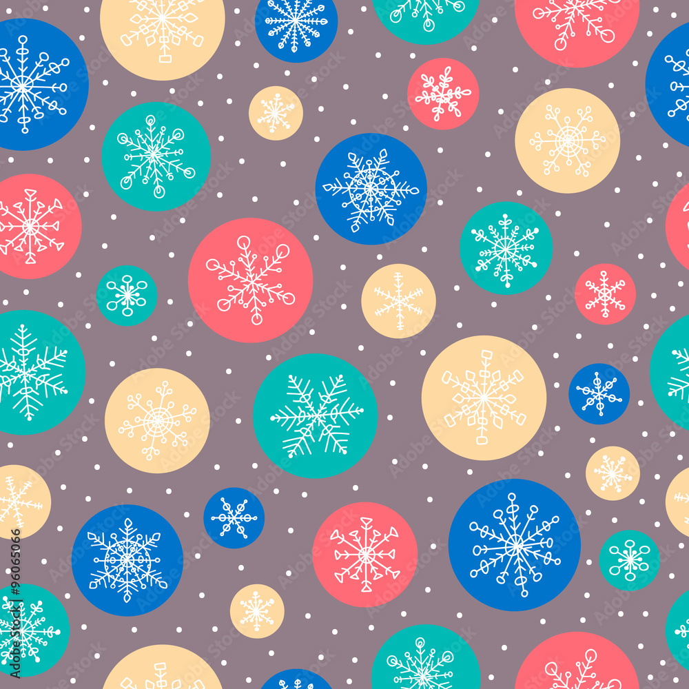 Seamless pattern with hand drawn doodle snowflake. Vector winter pattern with color circles. Red, yellow, green, grey and white colors. Seamless pattern with hand drawn doodle snowflake. Vector winter pattern with color circles. Red, yellow, green, grey and white colors.