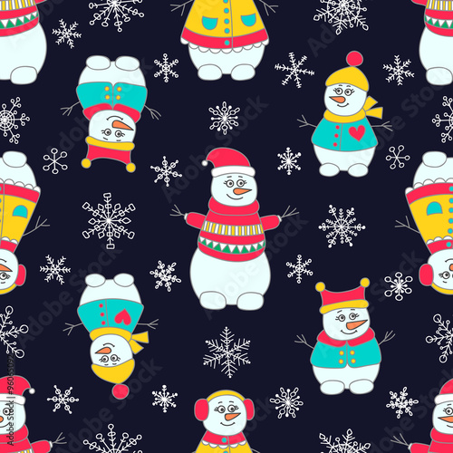 Snoman seamless pattern. Hand drawn doodle snowmen family. Bright colors - red, yellow, green and white. On black background. photo