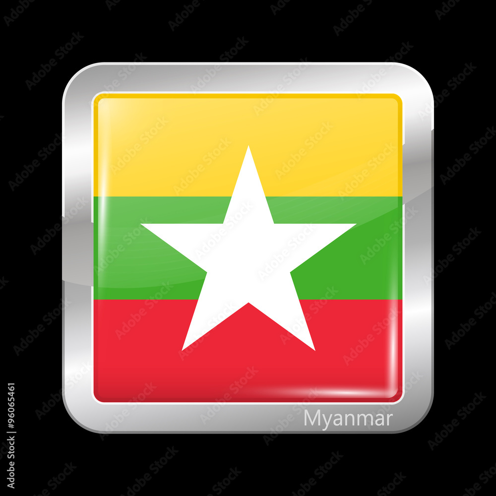 Flag of Myanmar. Metallic Icon Square Shape Flag of Myanmar. Metallic Icon Square Shape