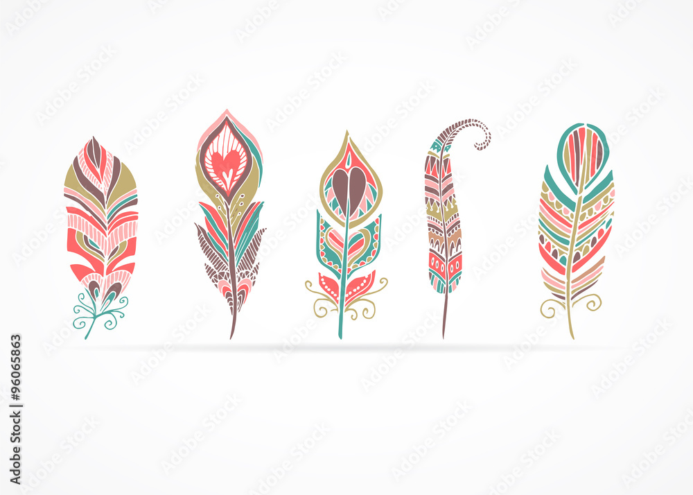 Hand drawn bohemian, tribal, ethnic feathers. Colorful set Hand drawn bohemian, tribal, ethnic feathers. Colorful set