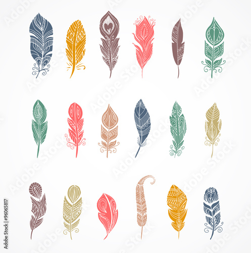 Hand drawn bohemian, tribal, ethnic feathers. Colorful set