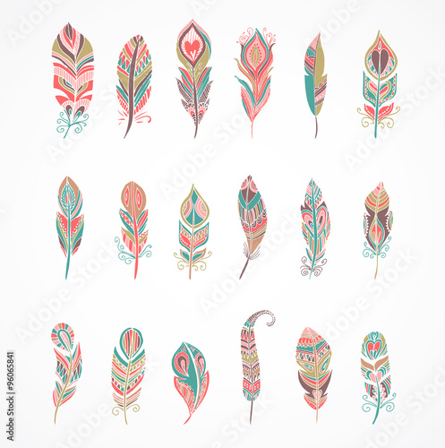 Hand drawn bohemian, tribal, ethnic feathers. Colorful set