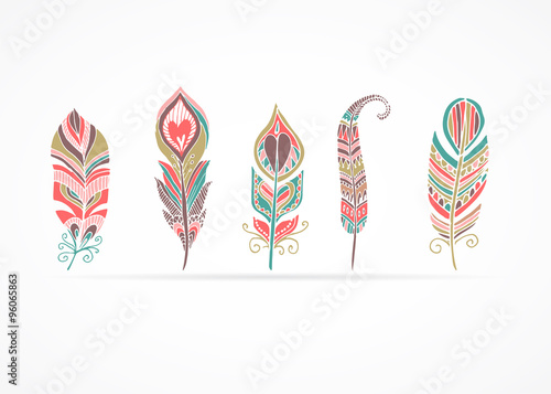 Hand drawn bohemian, tribal, ethnic feathers. Colorful set