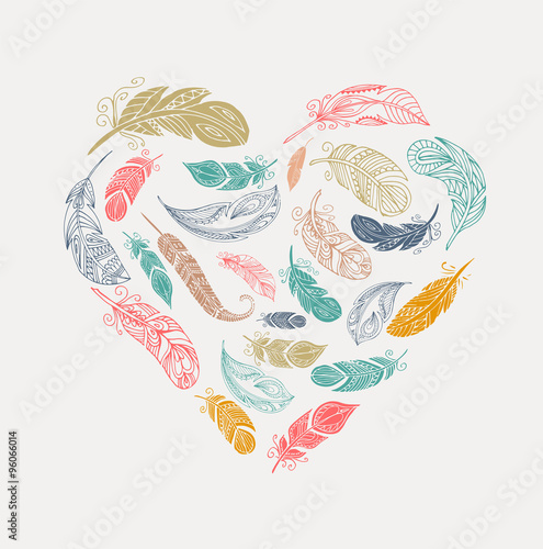 Bohemian style poster with gypsy colorful feathers, arranged in heart