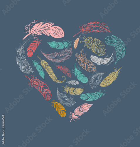 Bohemian style poster with gypsy colorful feathers, arranged in heart