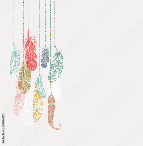 Bohemian style poster with gypsy colorful feathers