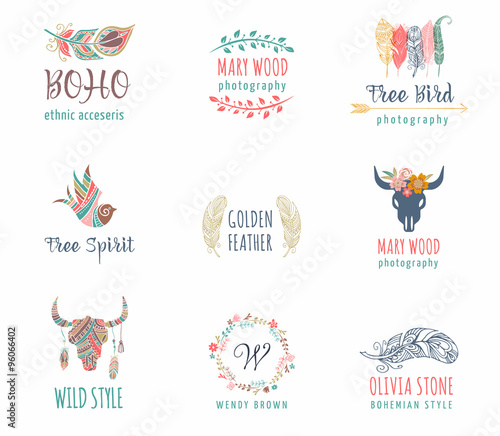 Bohemian, tribal, ethnic icon set with feather, bird and wreath