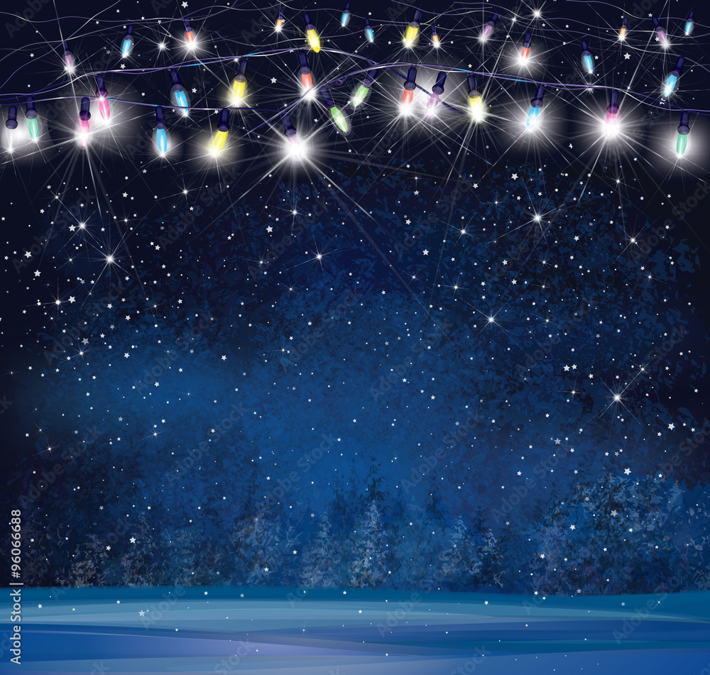 Obraz premium Vector Christmas lights on night wonderland background.