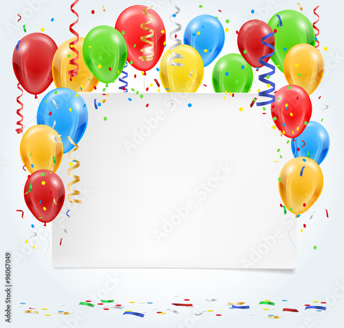 Empty party invitation with balloons and confetti flying
