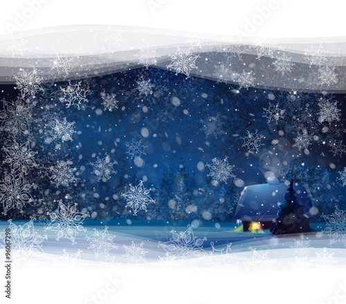 Vector night winter landscape with house and forest background,
