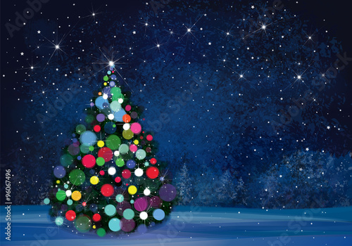 Vector Christmas tree on wonderland night background.