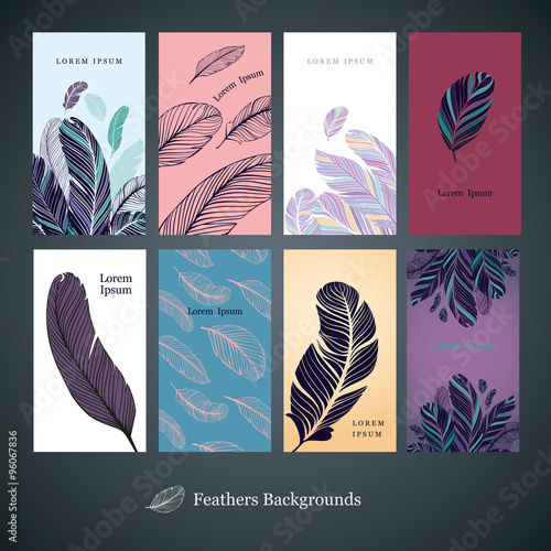 Set of backgrounds with feathers. Collection of backgrounds with feathers for banners, visiting cards and price tag. Easy to edit.