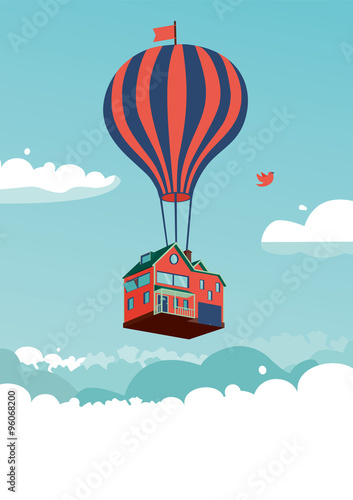 House above the clouds. Vector illustration with a flying house and hot air balloon.