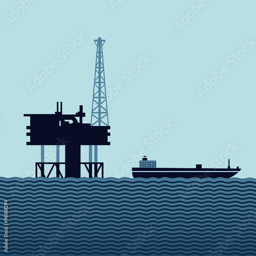 Sea oil platform with a tanker. Flat style vector illustration for a fuel industry