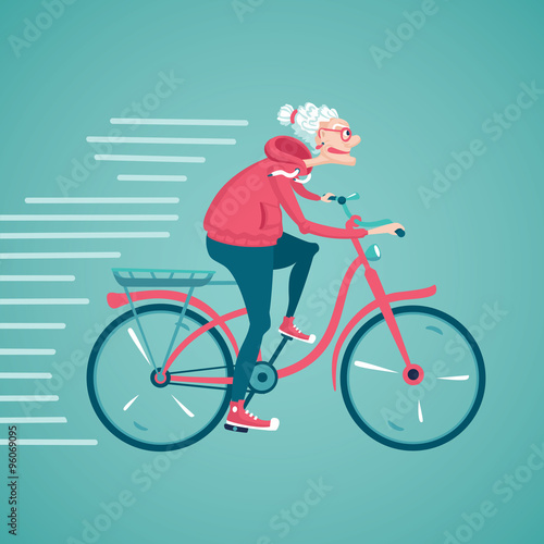 The old woman is riding a bicycle. Cartoon vector illustration. Character design. Healthy lifestyle concept.